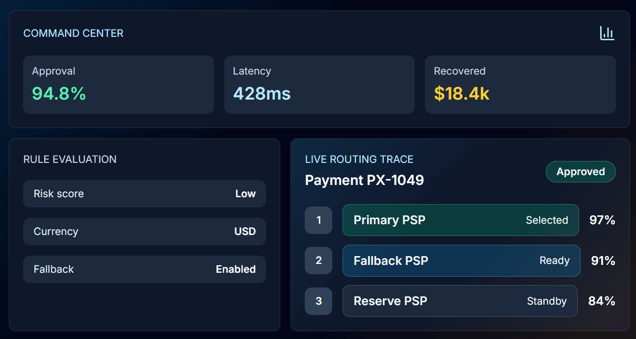 TkoPay platform dashboard showing approval, latency, recovered payments, rule evaluation, and routing trace
